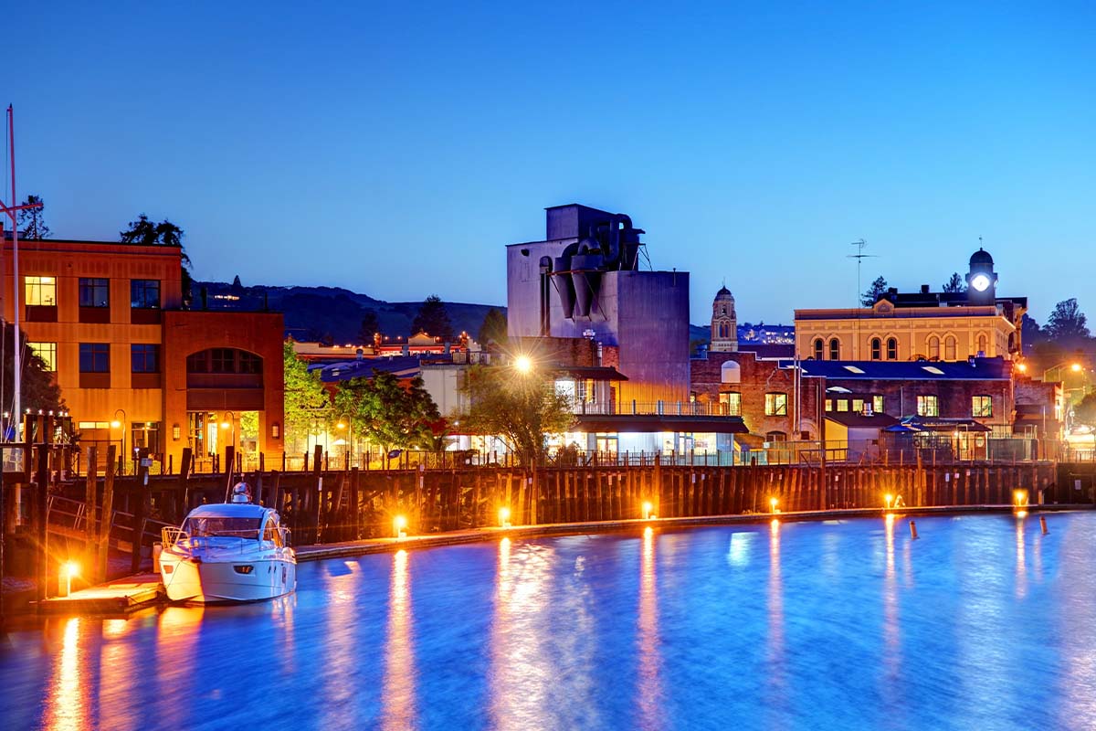 Petaluma riverfront at dusk